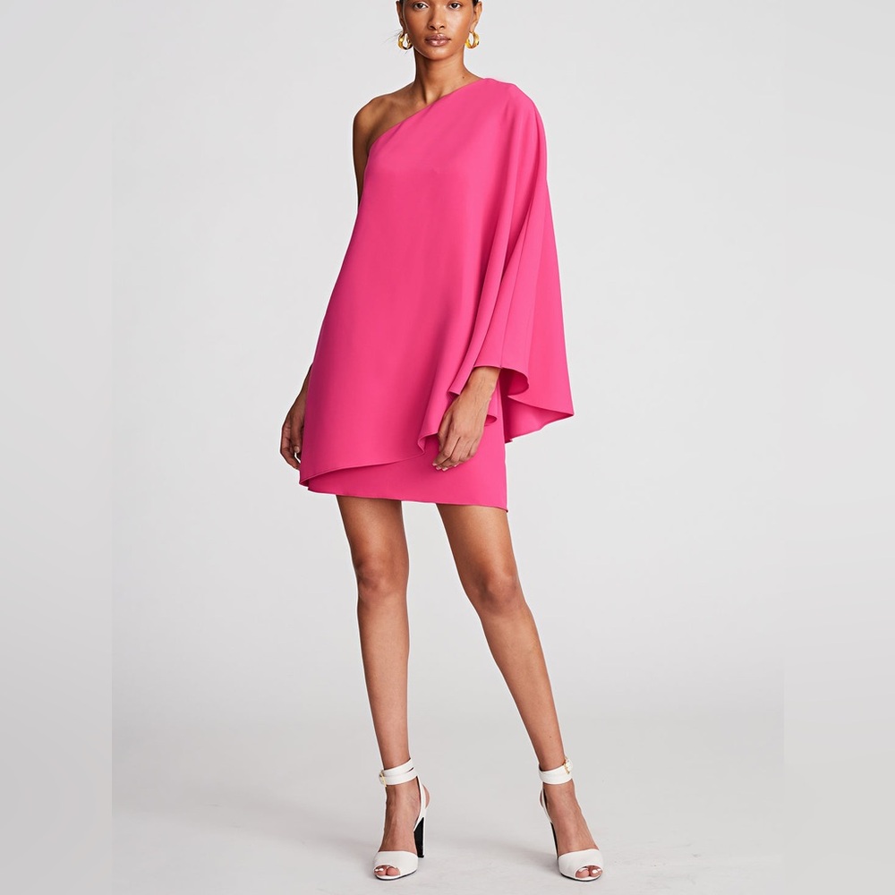 $445 NWT Halston “Melina” One-Shoulder Cape-Sleeve Mini Dress in Magenta Sz 4